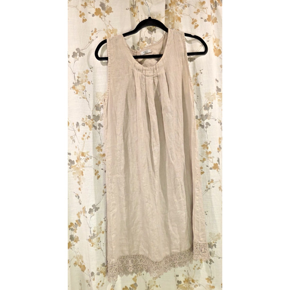 Rosemarne Linen Sheath Dress Medium Crocheted Hem Italian Beige Coastal Casual - Picture 6 of 9